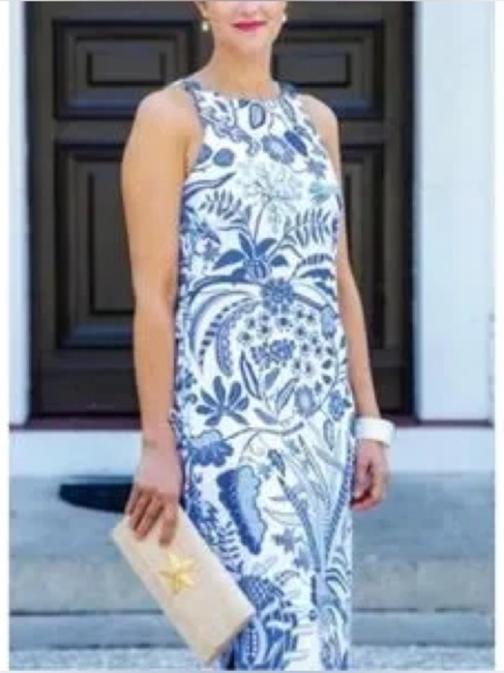 Gretchen Scott Maxi Dress Blue White Tropical Print Sleeveless Coastal Resort M